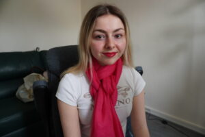 Client wearing the Olivia Scarf - Azalea
